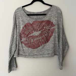 Long Sleeve Grey Crop Top with 👄, Size Small